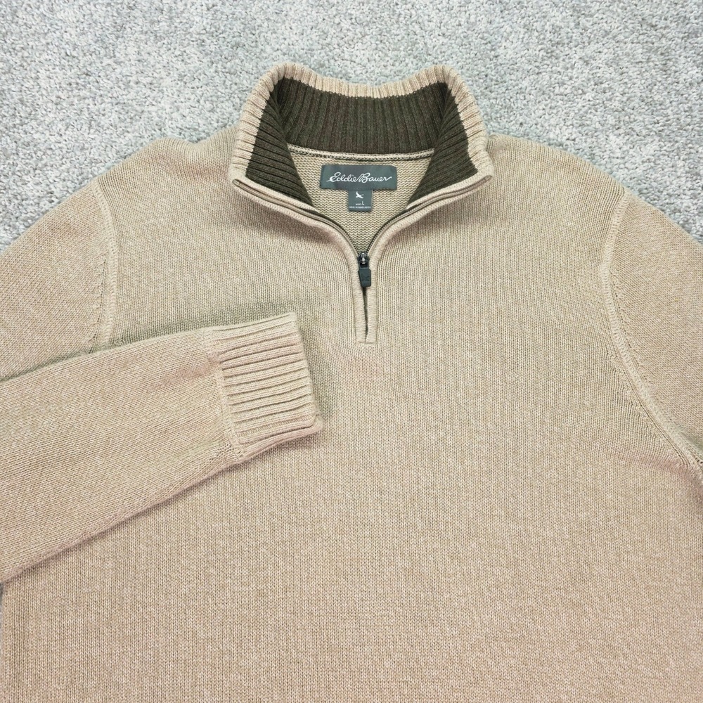 Eddie Bauer Mens Large Tan Beige 100% Cotton Quarter Zip Mock Neck Sweater